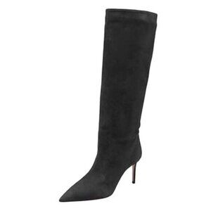 Black Women Wide Calf Knee High Boots Closed Pointed Toe High Stiletto Heels